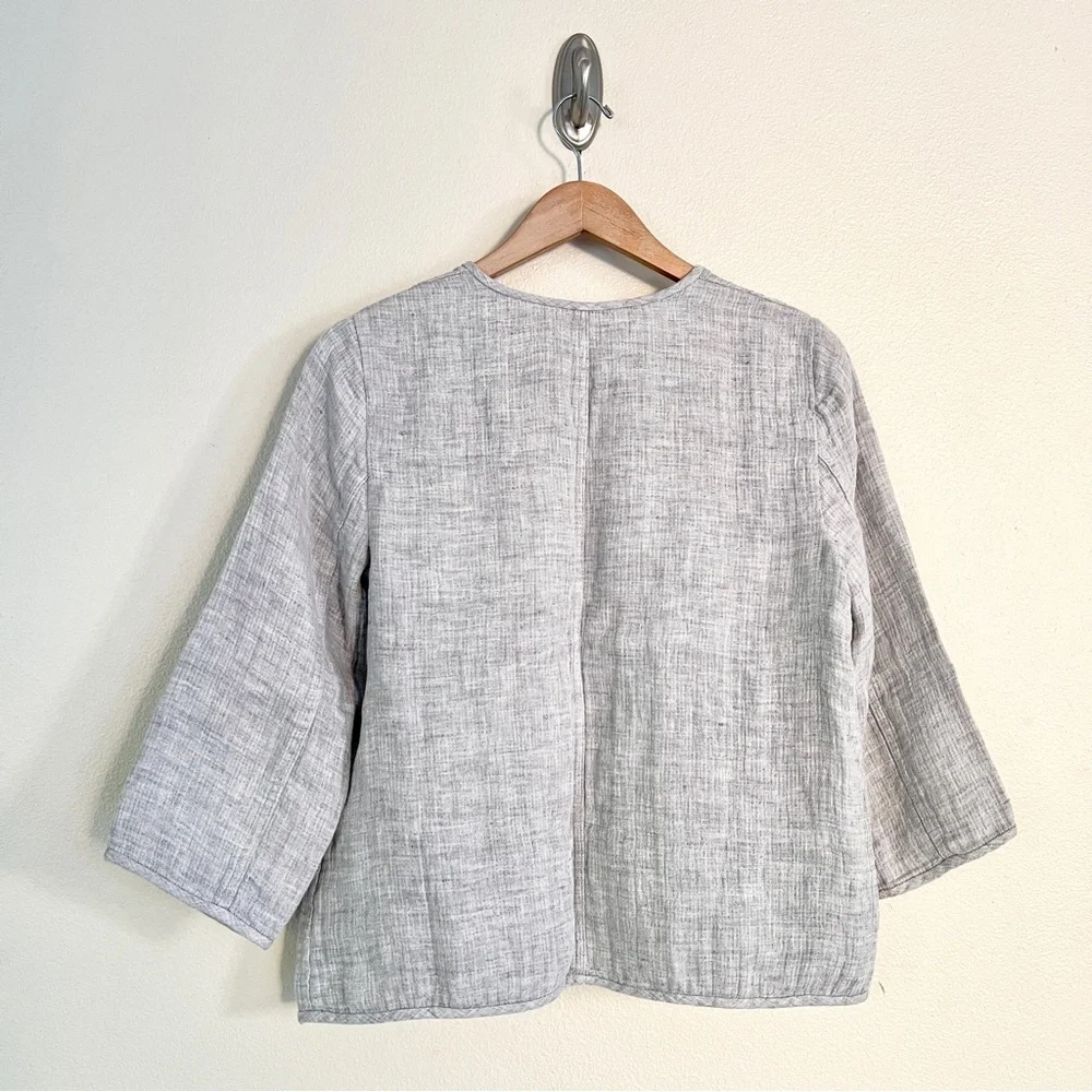 EILEEN FISHER Check Linen Round Neck Jacket in Dark Pearl Grey